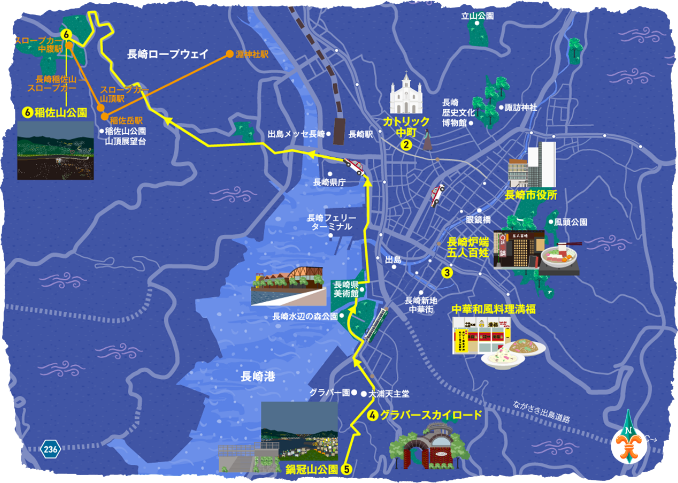 鍋冠山公園→稲佐山へのマップ
